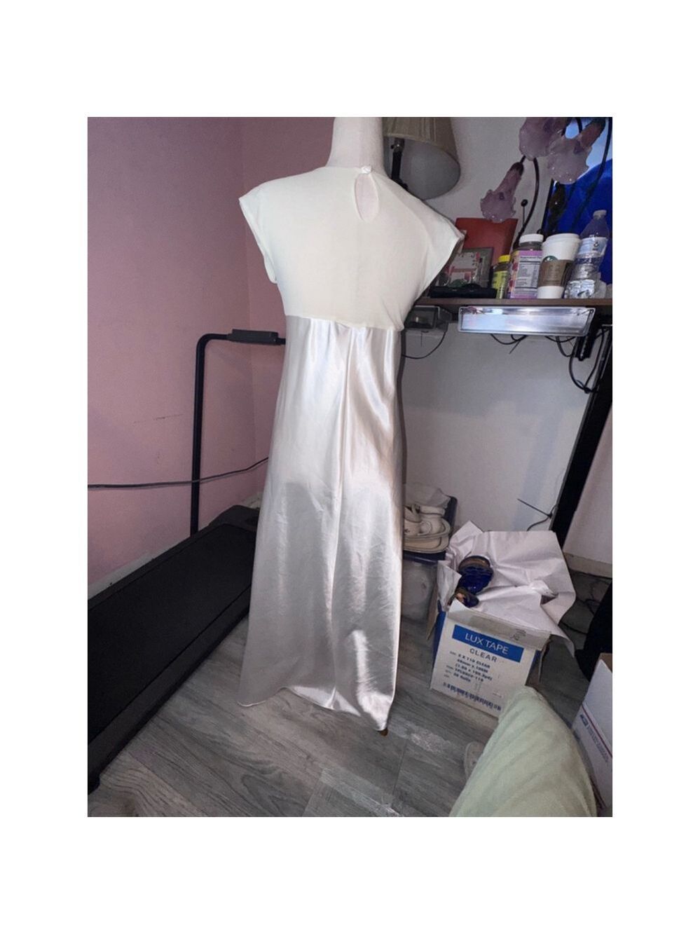 Satin gown cream sz med USA made! Satin bottom top sheer embroidered - Picture 10 of 13